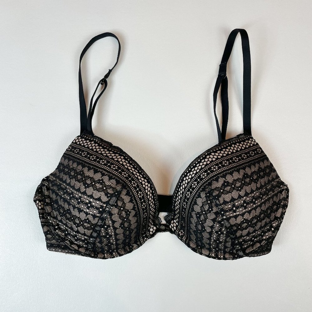 NWOT Victoria's Secret Bra 34D Padded Plunge Beige Black Lace